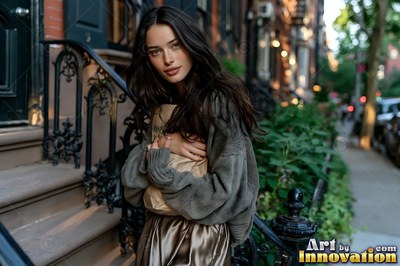 Woman in a gray sweater holding a paper bag on a brownstone stoop
