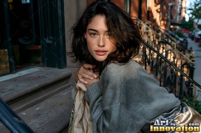 A woman leans on brownstone steps in a gray sweater under warm afternoon sunlight