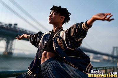 Arms outstretched, a woman stands by the river with a suspension bridge behind her