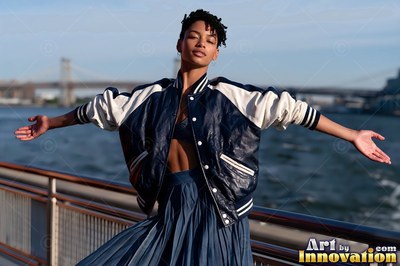 A woman opens her arms by the river wearing a blue and white jacket