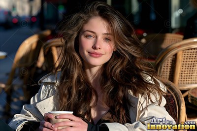 A smiling brunette woman holding a coffee cup at a cafe terrace outdoors
