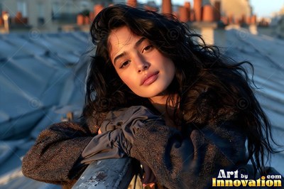 On a sunny rooftop, a dark-haired woman leans forward on her arms