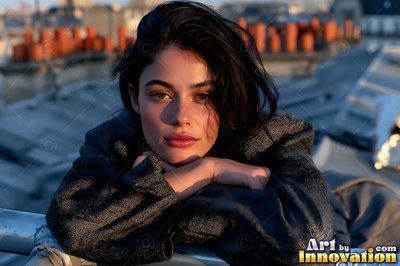 Leaning on a zinc rooftop railing, a woman with deep brown hair rests her chin on her arms in warm sunlight