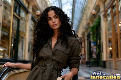 A woman with black hair in an olive dress stands on an escalator inside a glass-roof arcade