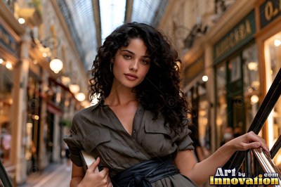A curly-haired woman in an olive dress walks through a Paris arcade
