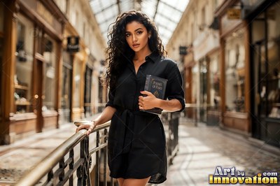 In a sunlit shopping arcade, a woman in a black dress holds a book by a railing