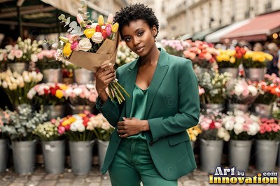 A woman holds a tulip bouquet at a street market in soft afternoon light