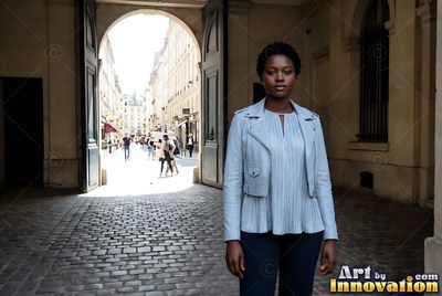 Standing in an arched stone entryway, a Black woman in a light blue jacket looks forward