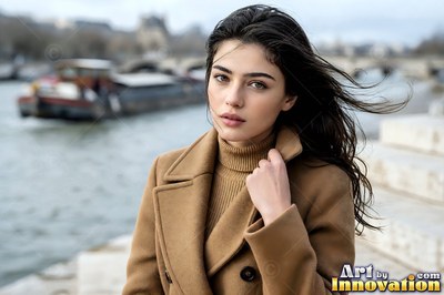 A woman holds the high collar of her camel coat by the water in pale daylight