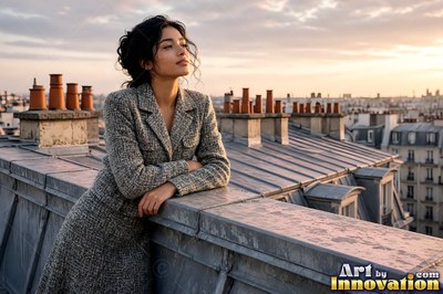 Leaning on a zinc rooftop ledge, a woman in tweed looks into the evening sky