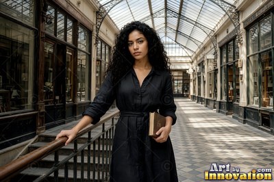 A woman in a black dress holds a small book inside a glass-roofed arcade