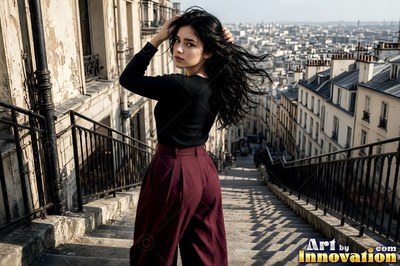 On a stone staircase in Paris, a dark-haired woman in burgundy pants turns around