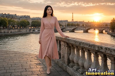 A woman walks along a stone bridge in a pink dress under warm sunset light