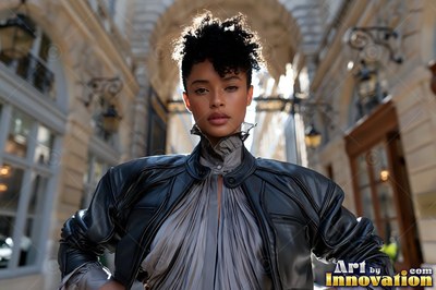 A woman in a black leather jacket poses in a sunny Paris courtyard