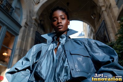 Posing under a stone archway, a woman wears a wide blue leather jacket
