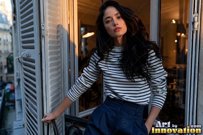 Leaning in a balcony doorway, a woman in a striped shirt catches the warm sun
