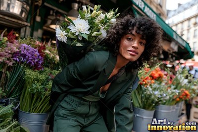 At a street flower market, a woman in a dark green suit carries white flowers