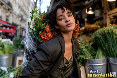 A woman carries orange flowers on her back outside a Paris shop
