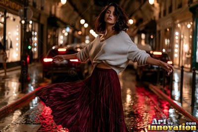 A woman spins in a pleated maroon skirt on a wet city street at night