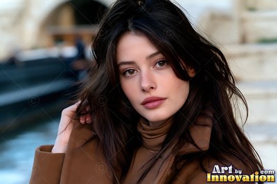 Young woman with dark hair in a brown coat by the Seine river