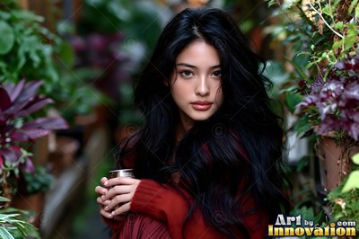 A woman with long black hair wears a red sweater and holds a can in a greenhouse garden