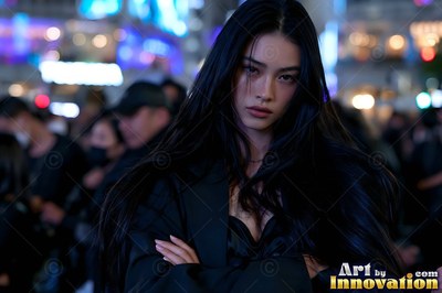 A woman in a black jacket crosses her arms on a crowded Tokyo street at night