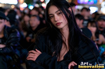 On a crowded night street, a dark-haired woman crosses her arms in a black coat
