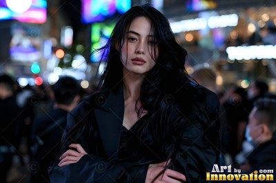 Standing with crossed arms, a woman in a black jacket pauses in a crowded night street