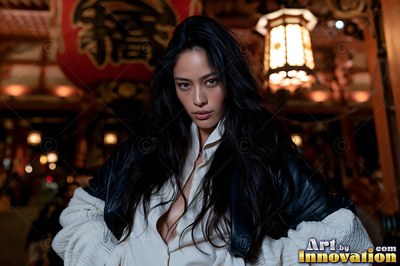 Black hair framing her face, a woman stands near hanging lanterns at a temple street