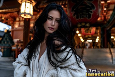 Facing forward, a woman in a knit white cardigan stands outside a temple at dusk