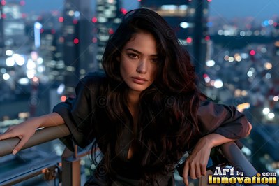 A woman in a dark robe leans on a balcony railing above city lights at dusk
