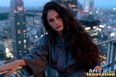 On a high balcony over the night city, a woman leans in a dark gray robe