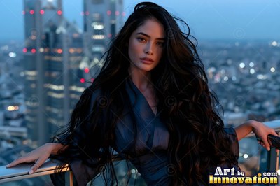 Leaning on a rooftop balcony, a dark-haired woman in a blue dress looks out at Tokyo dusk