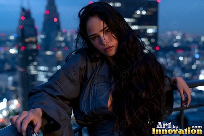 Woman with long dark hair on a Tokyo balcony at night