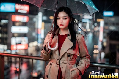 Wearing a tan trench coat, a woman holds an umbrella on a balcony above blurred Tokyo city lights