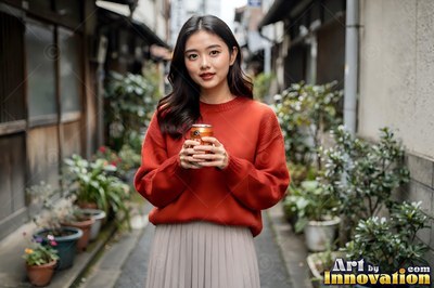 A young woman stands holding a can in a narrow alley with soft daylight on her rust-red sweater