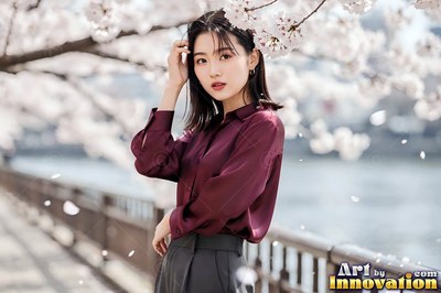 Turning toward the camera, a woman in a maroon shirt stands beside river blossoms