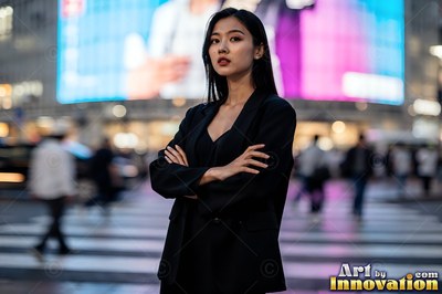 A woman in a black blazer crosses her arms at a busy city crosswalk at night