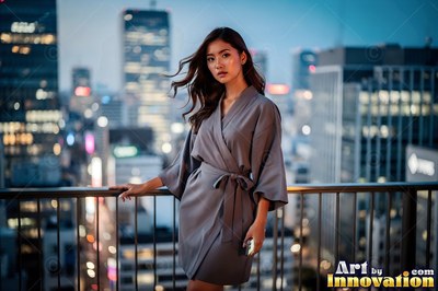 On a high balcony, a woman in a gray robe leans against the railing over city lights