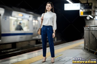 A woman in blue trousers and a white top stands on a dimly lit subway platform