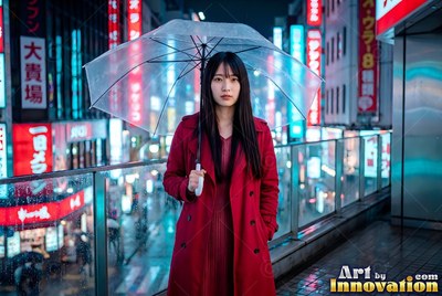A woman in a red coat holds a clear umbrella on a bridge in neon city lights