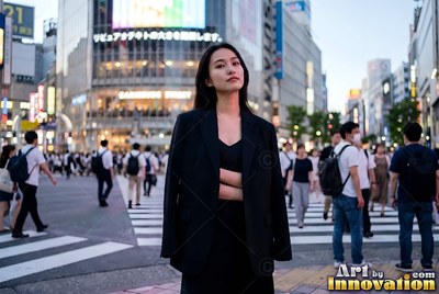 Woman in a black suit standing at Shibuya crossing