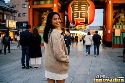 A smiling woman looks back on a street near a bright red paper lantern