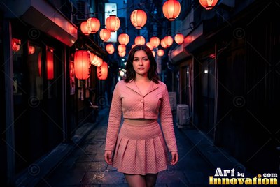 Facing forward, a woman stands in a narrow alley under red paper lanterns