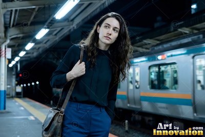 A woman in blue pants waits on a dimly lit train platform at night