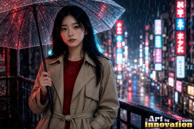 Woman in a tan coat holds an umbrella on a rainy street at night