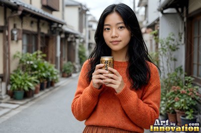 Wearing an orange knit sweater, a woman holds a drink can in a quiet Tokyo alley