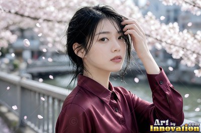 A young woman touches her dark hair by a river railing in soft daylight