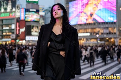 Standing with crossed arms, a woman in a black jacket pauses at Shibuya crossing