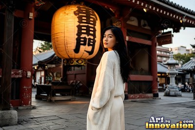 At a temple gate, a woman in a white sweater stands by a giant paper lantern